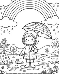 Mijn kleurboek De vier seizoenen Gratis kleurplaat met een kind in een regenjas onder een paraplu, een regenboog, regendruppels, plassen, bloemen en bomen op de achtergrond
