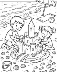 Mijn kleurboek De vier seizoenen Gratis kleurplaat met twee kinderen die een zandkasteel op het strand bouwen, met schelpen, een krab, emmer, schep, parasol en de zee op de achtergrond