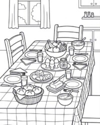 Free coloring page with a set breakfast table, rolls, cheese, eggs, fruit, jam, butter, drinks, and dishes in the kitchen