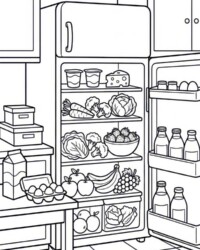 Mijn kleurboek Eten, keuken en lekkernijen Gratis kleurplaat met een open koelkast vol fruit, groenten, kaas, yoghurt, eieren, melkflessen en voorraad in de keuken