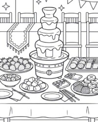 Mein Malbuch Essen, Küche & Leckereien Kostenloses Ausmalbild mit Schokobrunnen, Erdbeeren, Keksen, Waffeln, Donuts, Marshmallows und Süßigkeiten auf einem Buffet