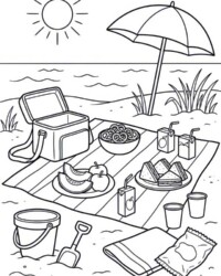Free coloring page with a beach picnic, a cooler, fruit, sandwiches, drinks, snacks, a beach umbrella, and the sea in the background