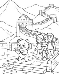Il mio libro da colorare Viaggio intorno al mondo Disegno da colorare gratuito con una famiglia sulla Grande Muraglia, un panda, bambù, montagne e torri sullo sfondo