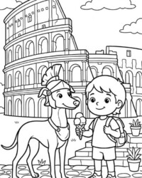 Il mio libro da colorare Viaggio intorno al mondo Disegno da colorare gratuito con un bambino, un cane con elmo romano, gelato, zaino e il Colosseo sullo sfondo