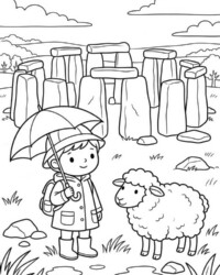 Mein Malbuch Reise um die Welt Kostenloses Ausmalbild mit Kind unter einem Regenschirm, Schaf, Pfützen, Wiese und Stonehenge im Hintergrund