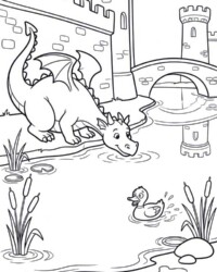 Free coloring page with a friendly dragon by a castle moat, a duck, reeds, and a castle bridge in the background