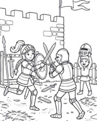 Mi libro para colorear Caballeros, castillos y dragones Dibujo para colorear gratis con niños entrenándose como caballeros, espadas, escudos, armaduras y una muralla del castillo al fondo