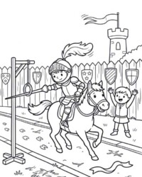 Mi libro para colorear Caballeros, castillos y dragones Dibujo para colorear gratis con un caballero a caballo entrenando para un torneo, una lanza, un niño animando y un castillo al fondo