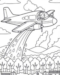Mein Malbuch Starke Fahrzeue Kostenloses Ausmalbild mit Löschflugzeug beim Wasserabwurf über einem Wald, Feuerwehrfahrzeugen und Feuerwehrleuten am Boden