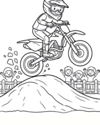 Mijn kleurboek Stoere voertuigen Gratis kleurplaat met een motorcrosser op een springende motor, een heuvelachtig parcours, een hek en juichende kinderen op de achtergrond