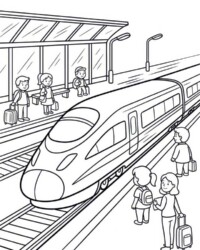 Mein Malbuch Starke Fahrzeue Kostenloses Ausmalbild mit Schnellzug am Bahnhof, Reisenden mit Koffern, Bahnsteig und Gleisen im Hintergrund
