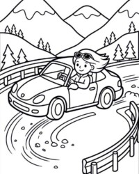 Mijn kleurboek Stoere voertuigen Gratis kleurplaat met een sportwagen op een bochtige bergweg, een bestuurster, vangrail, bergen en dennenbomen op de achtergrond