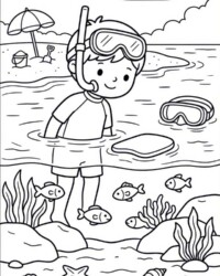 Mi libro para colorear Vacaciones y diversión veraniega Dibujo para colorear gratis con un niño haciendo esnórquel en el mar, peces pequeños, plantas acuáticas, conchas y una playa al fondo