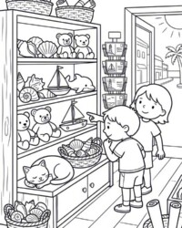 Free coloring page with children in a souvenir shop, seashells, teddy bears, toy boats, postcards, and a sleeping cat