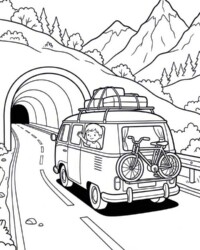 Mein Malbuch Urlaub & Sommerspaß Kostenloses Ausmalbild mit Wohnmobil auf einer Bergstraße, Fahrrad am Heck, winkendem Kind, Tunnel und Bergen im Hintergrund