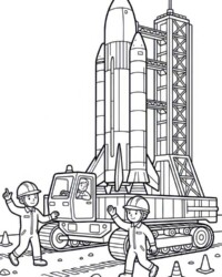 Free coloring page with a large rocket on the launchpad, a crawler vehicle, space program workers, and safety cones