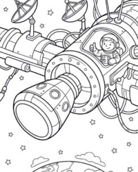 Mi libro para colorear Espacio, cohetes y planetas Dibujo para colorear gratis con un astronauta en una nave espacial, antenas parabólicas, estrellas y la Tierra al fondo