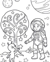 Mi libro para colorear Espacio, cohetes y planetas Dibujo para colorear gratis con un niño con traje de astronauta, un pequeño extraterrestre, un árbol de estrellas, planetas y lunas al fondo
