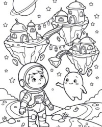 Mein Malbuch Weltraum, Raketen & Planeten Kostenloses Ausmalbild mit Astronaut, freundlichem Außerirdischen, schwebendem Weltraumdorf, Sternen und Ringplanet im Hintergrund