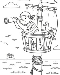 Mijn kleurboek Piraten en avontuur Gratis kleurplaat uit ‘Mijn kleurboek Piraten en avontuur’ met een piraat in het kraaiennest die door een verrekijker kijkt