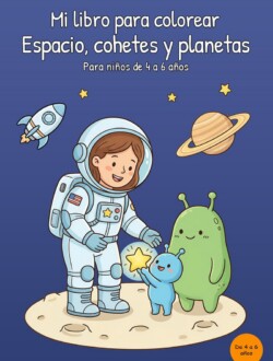 Portada en inglés de un libro para colorear del espacio con una astronauta, dos extraterrestres simpáticos, un cohete, un planeta con anillos y varias estrellas.
