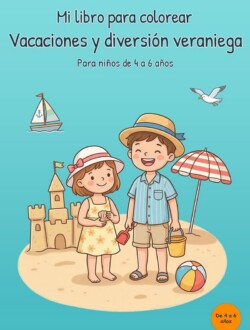 Portada turquesa en neerlandés de un libro para colorear sobre vacaciones con dos niños en la playa, un castillo de arena, una sombrilla, cubos, un balón, un velero y una gaviota.