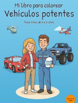 Portada azul en inglés de un libro para colorear sobre vehículos con una mujer y un hombre con mono azul sosteniendo un casco, un coche de carreras, un monster truck, un helicóptero y un avión.