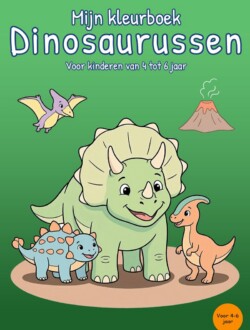 Groene voorkant van Mijn kleurboek Dinosaurussen met een grote Triceratops, twee kleinere dinosaurussen, een vliegend oerdier en een rokende vulkaan.