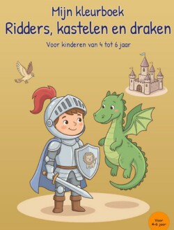 Goudkleurige voorkant van een kleurboek met een ridder in harnas, een groene draak, een vogel en een kasteel.