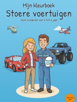 Lichtblauwe voorkant van een voertuigenkleurboek met twee personen, een rode raceauto, een blauwe monstertruck, een helikopter en een vliegtuig.