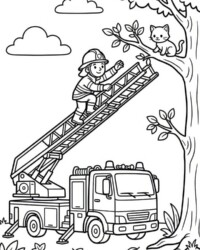 Mijn kleurboek Brandweer en politie Gratis kleurplaat uit het boek Mijn kleurboek Brandweer en politie met een brandweerman op de ladder van een ladderwagen en een kat in een boom