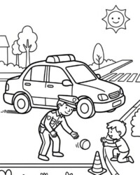 Mijn kleurboek Brandweer en politie Gratis kleurplaat uit het boek Mijn kleurboek Brandweer en politie met een politieauto en een politieagente die een kind helpt