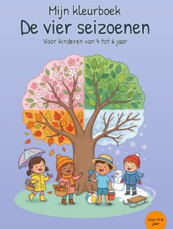 Lichtpaarse voorkant van een kleurboek over de vier seizoenen met een vierdelige seizoensboom en vier kinderen met lentebloemen, een herfstmand, strandspullen, een sneeuwpop en een slee.