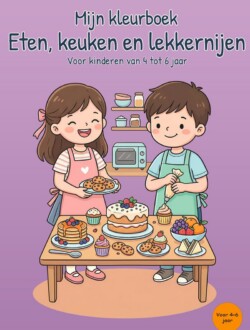 Paarse voorkant van een kleurboek over eten, koken en lekkernijen met twee kinderen achter een tafel vol taart, pannenkoeken, cupcakes, koekjes, fruit en sandwiches.